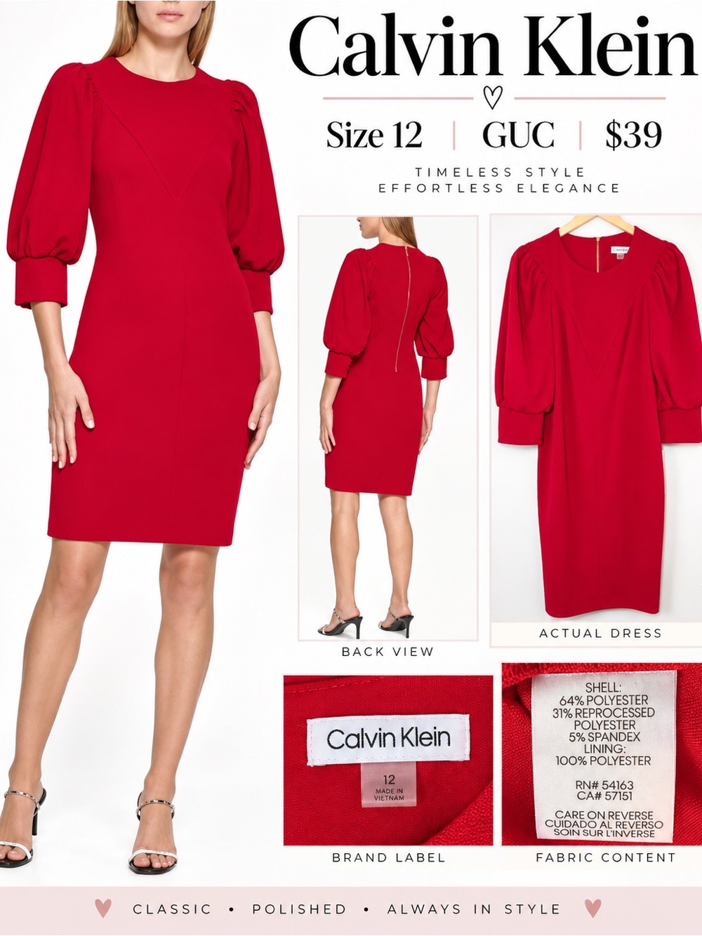 Calvin Klein Red Midi Puff-Sleeve Sheath Dress